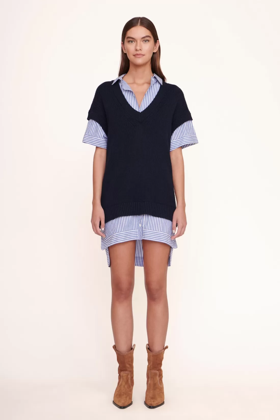 STAUD - BRIDGET DRESS NAVY/BLUE WHITE STRIPE NAVY BLUE WHITE STRIPE